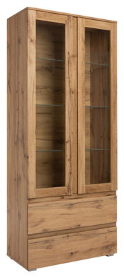 Holzvitrine mit Glastüren und Schubladen, seitliche Perspektive