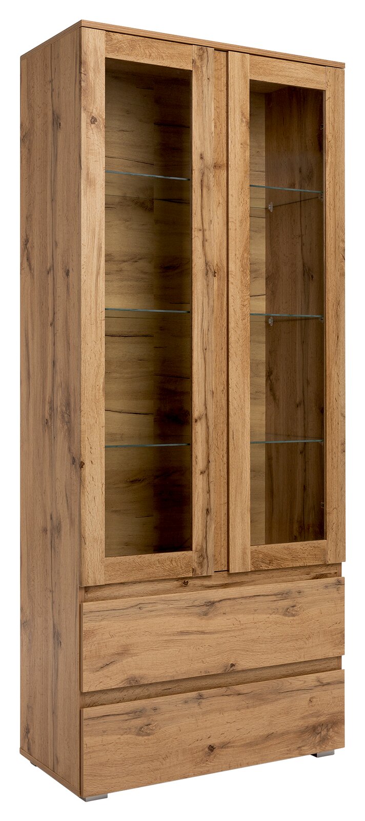 Holzvitrine mit Glastüren und Schubladen, seitliche Perspektive