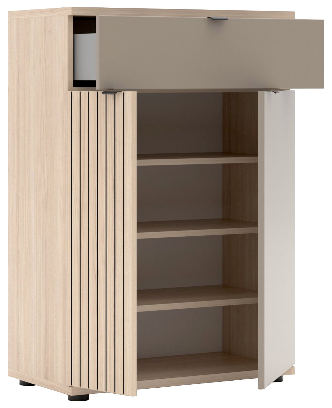 Modernes Sideboard/Schrank in heller Holzoptik mit vertikaler Lamellenfront, grauer Klapptür oben und weißer Drehtür rechts; Innenfächer sichtbar, Produktansicht schräg von vorn (3/4-Perspektive) mit geöffneten Türen.
