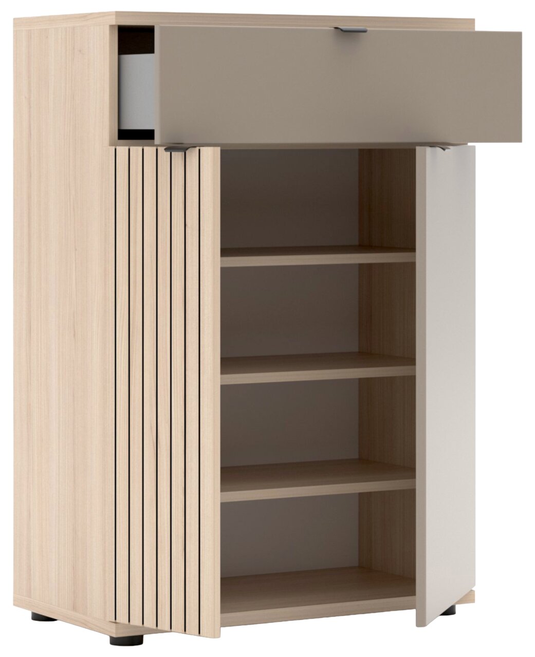 Modernes Sideboard/Schrank in heller Holzoptik mit vertikaler Lamellenfront, grauer Klapptür oben und weißer Drehtür rechts; Innenfächer sichtbar, Produktansicht schräg von vorn (3/4-Perspektive) mit geöffneten Türen.