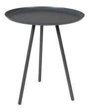 Moderner, runder Beistelltisch aus Metall in dunklem Grau mit drei Beinen, seitliche Perspektive.