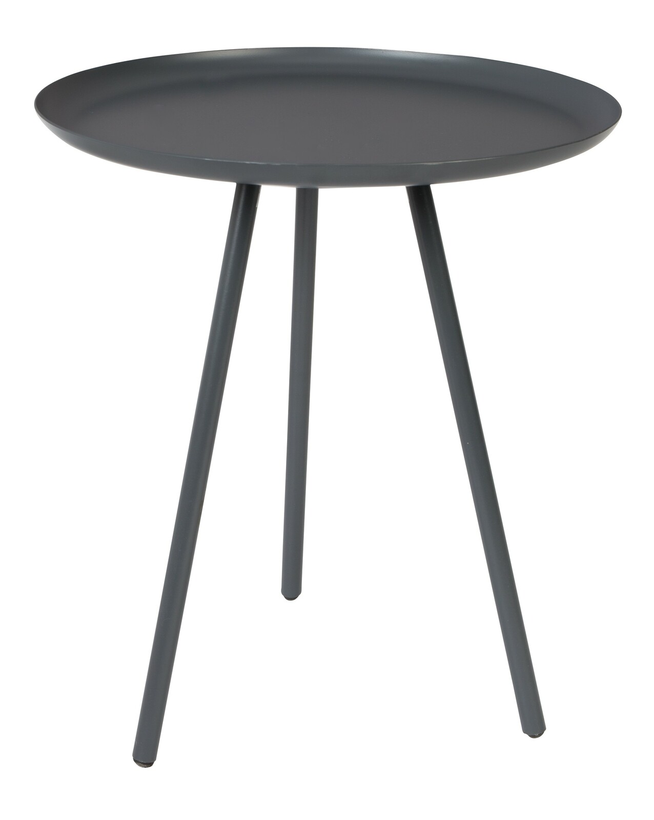 Moderner, runder Beistelltisch aus Metall in dunklem Grau mit drei Beinen, seitliche Perspektive.