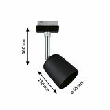 Schwarzer Schienenspot Cover aus seitlicher Perspektive mit den Maßen 160 mm Höhe, 110 mm Länge und 65 mm Durchmesser.