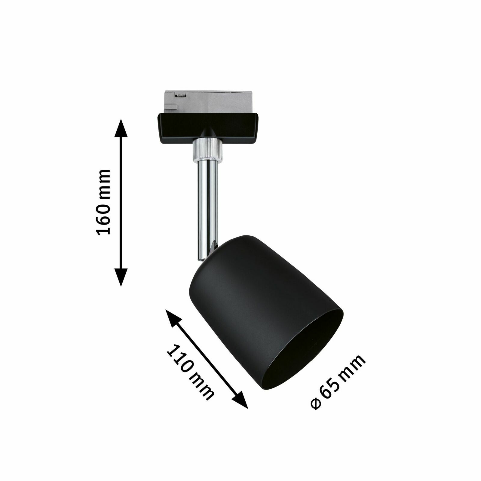 Schwarzer Schienenspot Cover aus seitlicher Perspektive mit den Maßen 160 mm Höhe, 110 mm Länge und 65 mm Durchmesser.