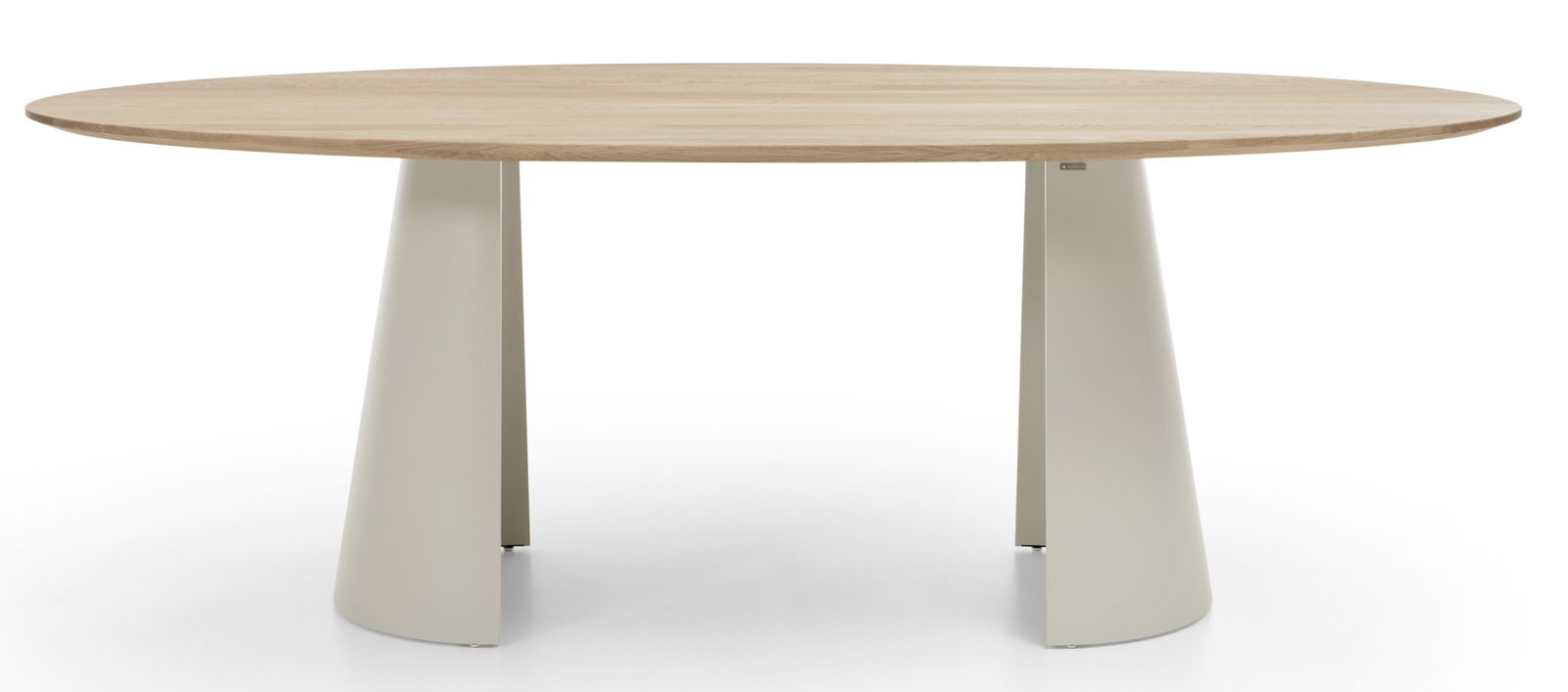 Runder Esstisch mit Holzplatte und konischen Metallbeinen, Frontalansicht