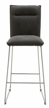 Frontansicht eines modernen Barstuhls mit gepolstertem, dunkelgrauem Sitz und Rückenlehne sowie einem schlanken Metallgestell.