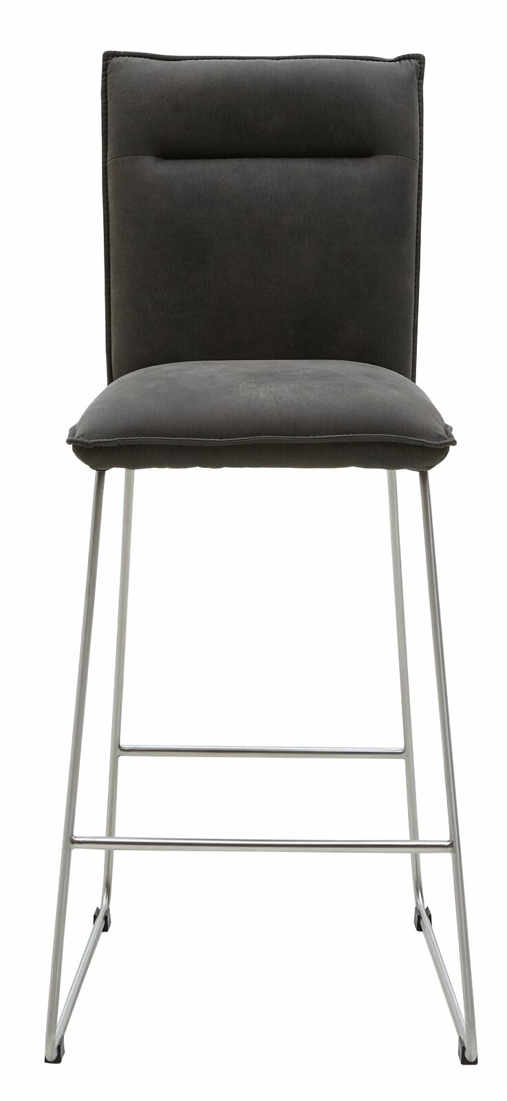 Frontansicht eines modernen Barstuhls mit gepolstertem, dunkelgrauem Sitz und Rückenlehne sowie einem schlanken Metallgestell.