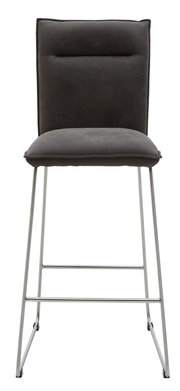 Frontansicht eines modernen Barstuhls mit gepolstertem, dunkelgrauem Sitz und Rückenlehne sowie einem schlanken Metallgestell.