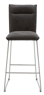 Frontansicht eines modernen Barstuhls mit gepolstertem, dunkelgrauem Sitz und Rückenlehne sowie einem schlanken Metallgestell.