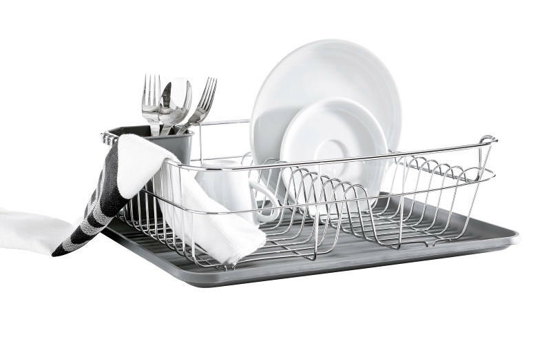 Geschirrabtropf-Ständer aus Metall mit Besteckhalter und Abtropfschale, seitliche Perspektive