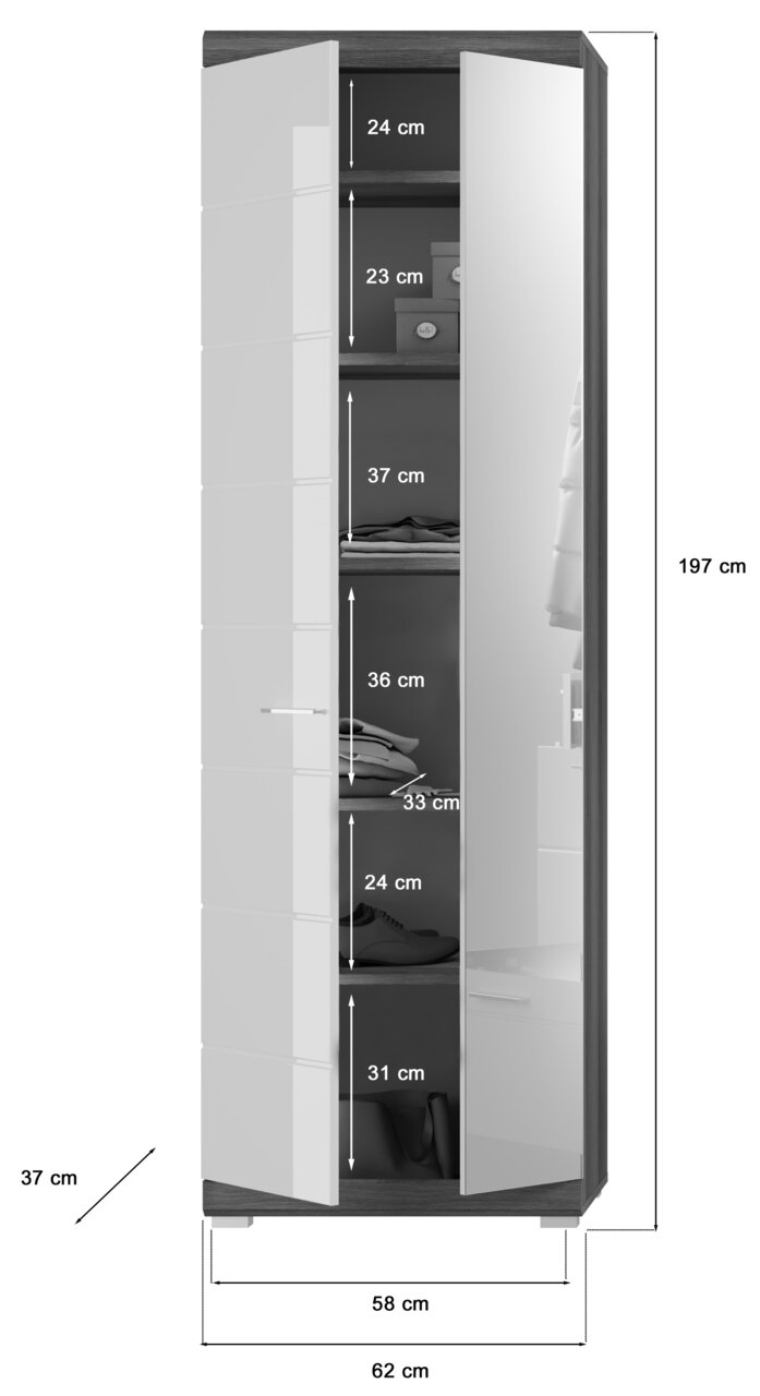 Garderobenschrank mit mehreren Fächern, teilweise geöffnet, in Frontalansicht. Maße: 197 cm hoch, 62 cm breit, 37 cm tief.