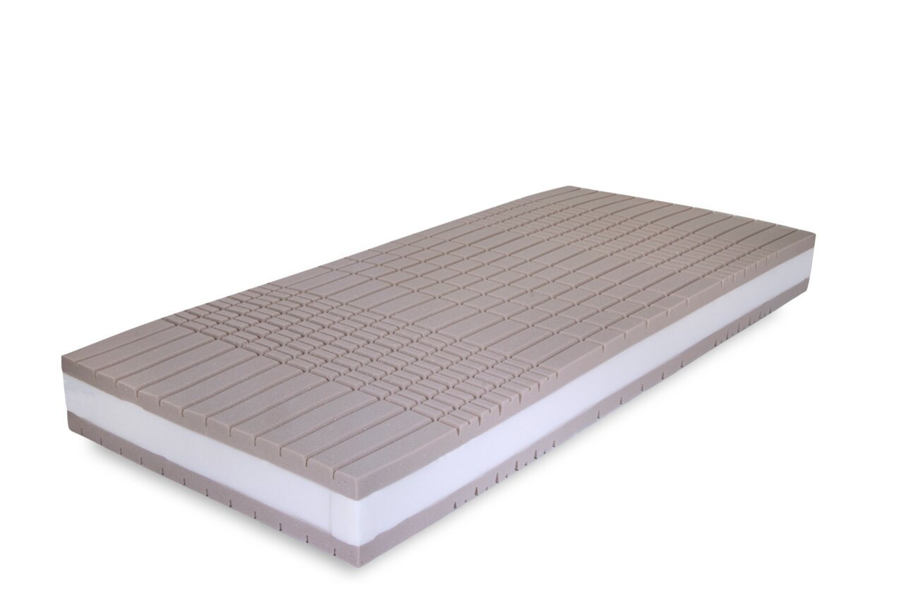 Taschenfederkernmatratze in seitlicher Perspektive mit mehrschichtigem Aufbau und strukturierter Oberfläche