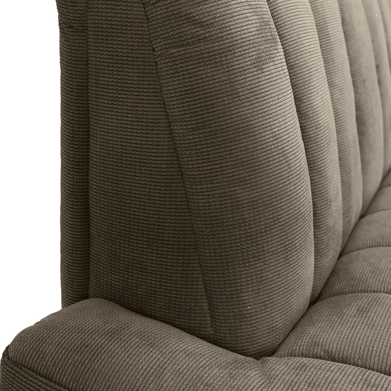 Nahaufnahme einer 2,5er-Sitzbank mit geripptem Stoffbezug, seitliche Perspektive