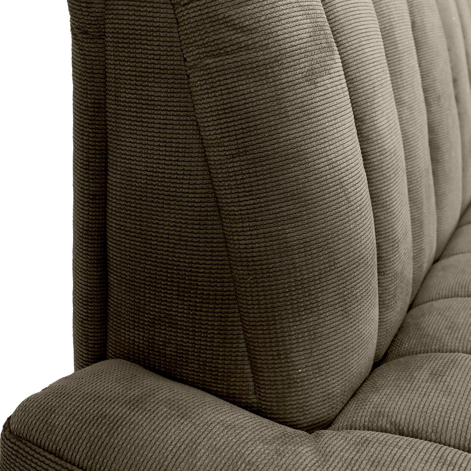 Nahaufnahme einer 2,5er-Sitzbank mit geripptem Stoffbezug, seitliche Perspektive