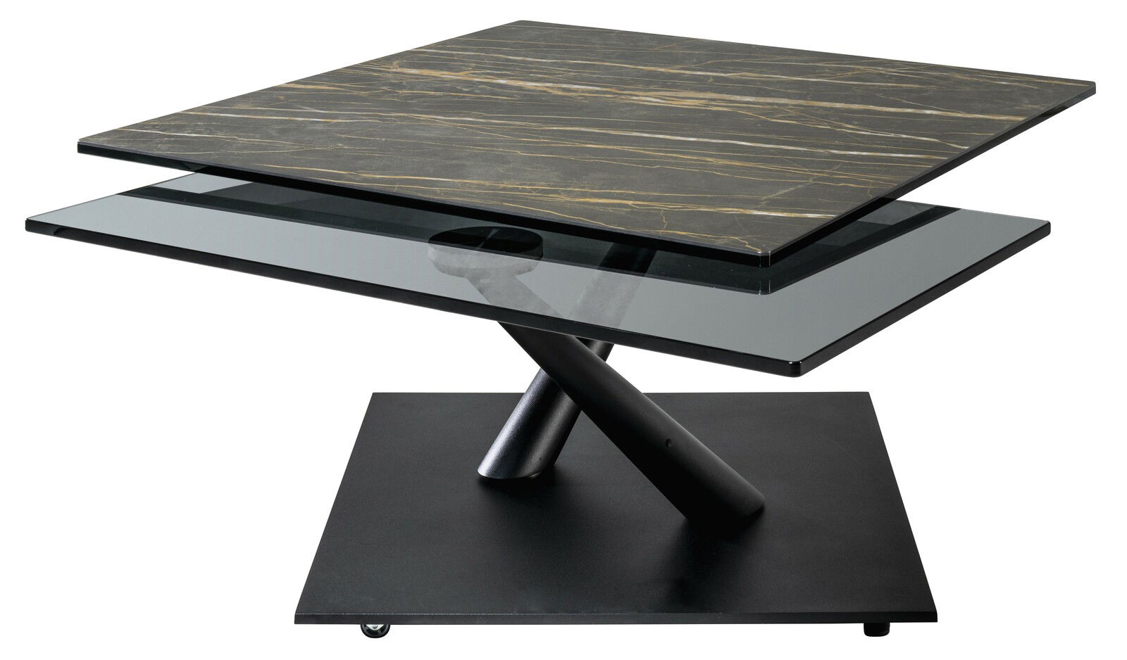 Moderner Couchtisch mit zweistufiger Tischplatte aus Marmor und Glas, seitliche Perspektive.
