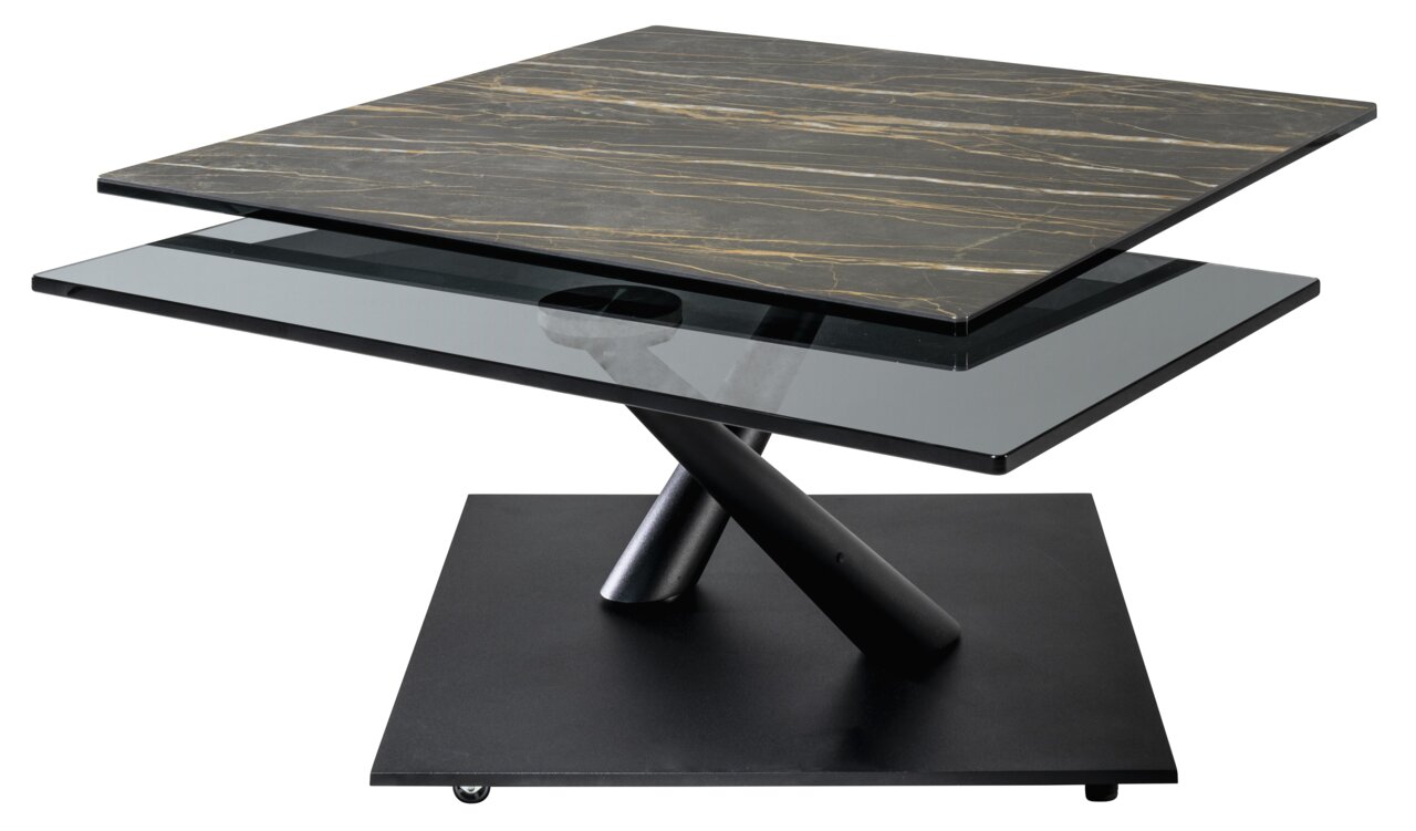 Moderne salontafel met een tweedelig tafelblad van marmer en glas, gezien vanaf de zijkant.