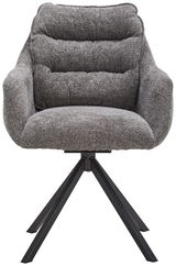 Grauer Armlehnstuhl mit gepolsterter Sitzfläche und Rückenlehne, auf schwarzem Metallgestell, Frontalansicht