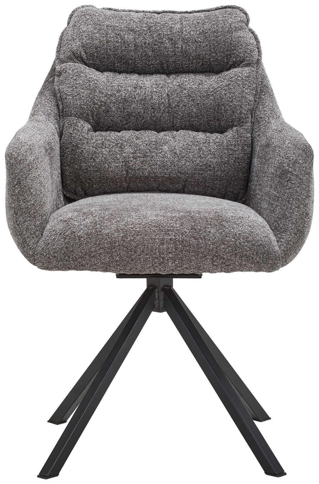 Grauer Armlehnstuhl mit gepolsterter Sitzfläche und Rückenlehne, auf schwarzem Metallgestell, Frontalansicht
