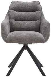 Grauer Armlehnstuhl mit gepolsterter Sitzfläche und Rückenlehne, auf schwarzem Metallgestell, Frontalansicht