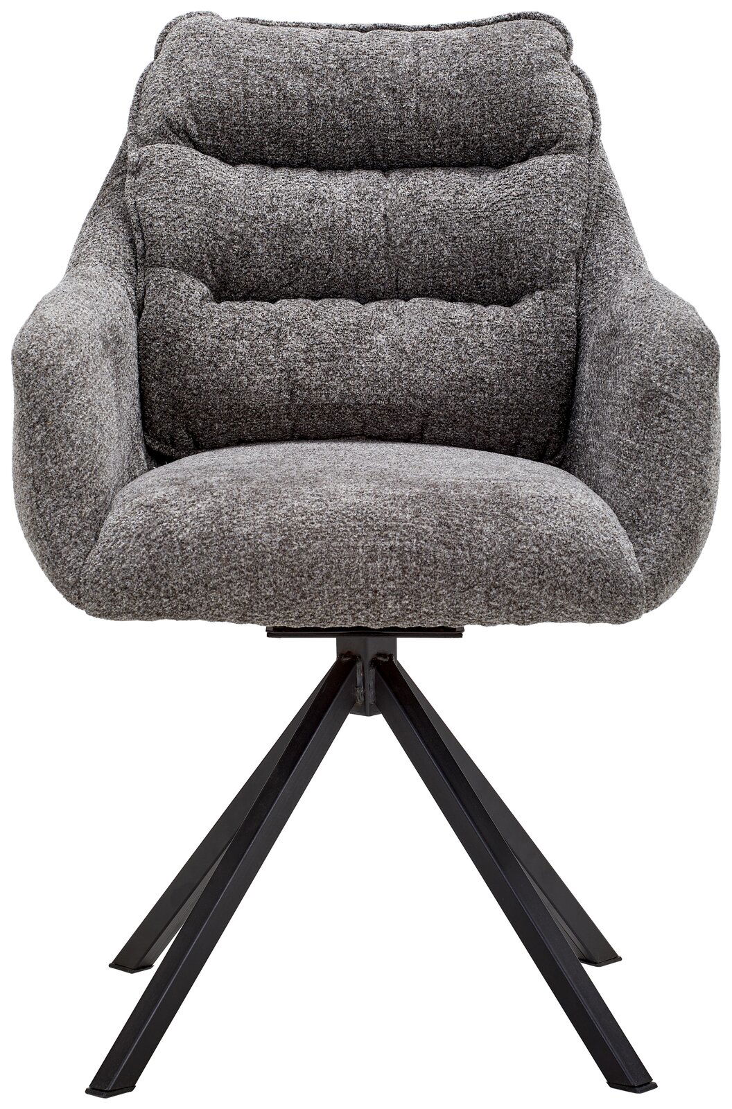 Grauer Armlehnstuhl mit gepolsterter Sitzfläche und Rückenlehne, auf schwarzem Metallgestell, Frontalansicht