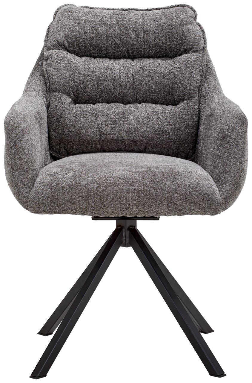 Grauer Armlehnstuhl mit gepolsterter Sitzfläche und Rückenlehne, auf schwarzem Metallgestell, Frontalansicht