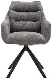Grijze fauteuil met gestoffeerde zitting en rugleuning, op een zwart metalen onderstel, vooraanzicht