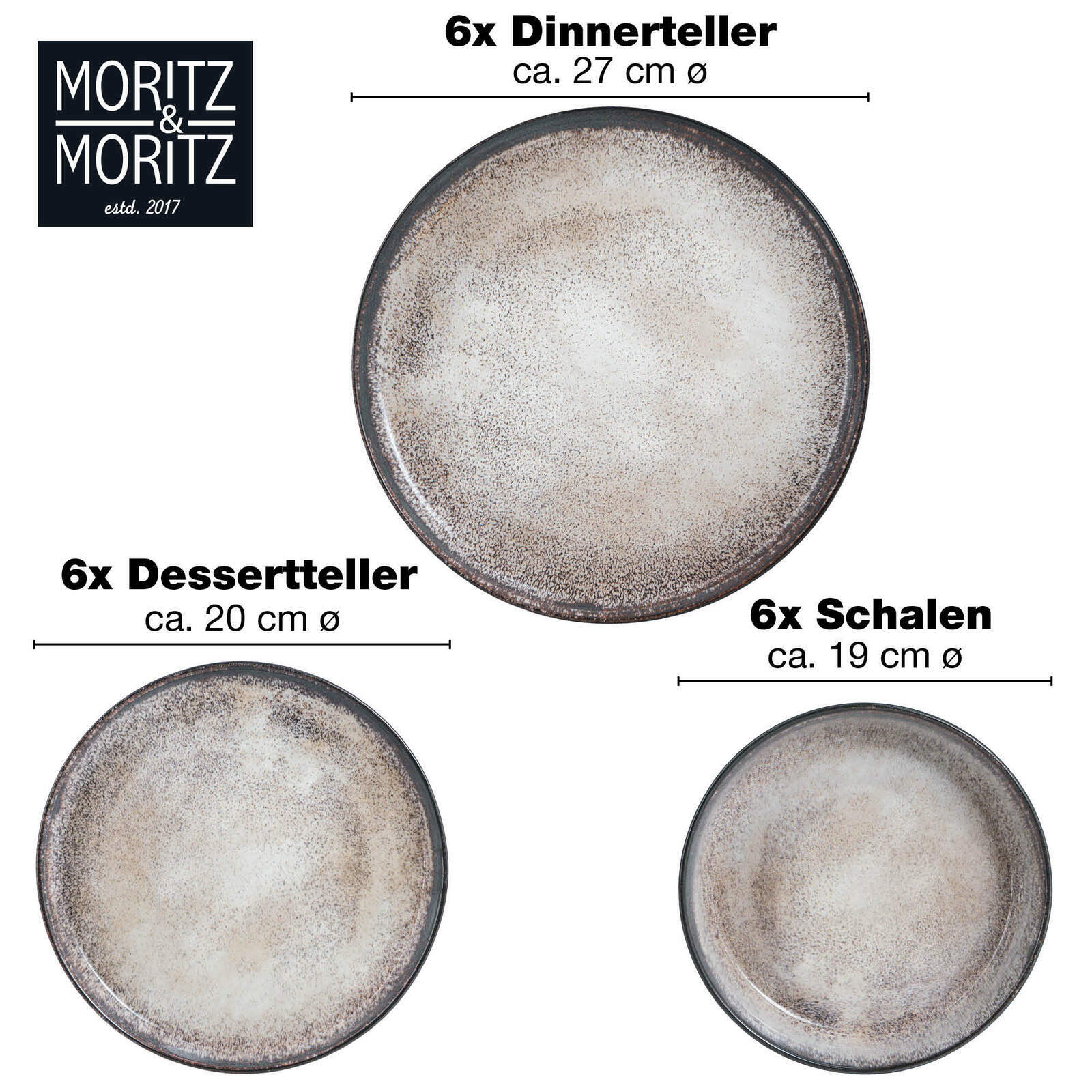Draufsicht auf ein 18-teiliges Tafelservice in Beige, bestehend aus 6 Dinnertellern (ca. 27 cm Ø), 6 Desserttellern (ca. 20 cm Ø) und 6 Schalen (ca. 19 cm Ø).