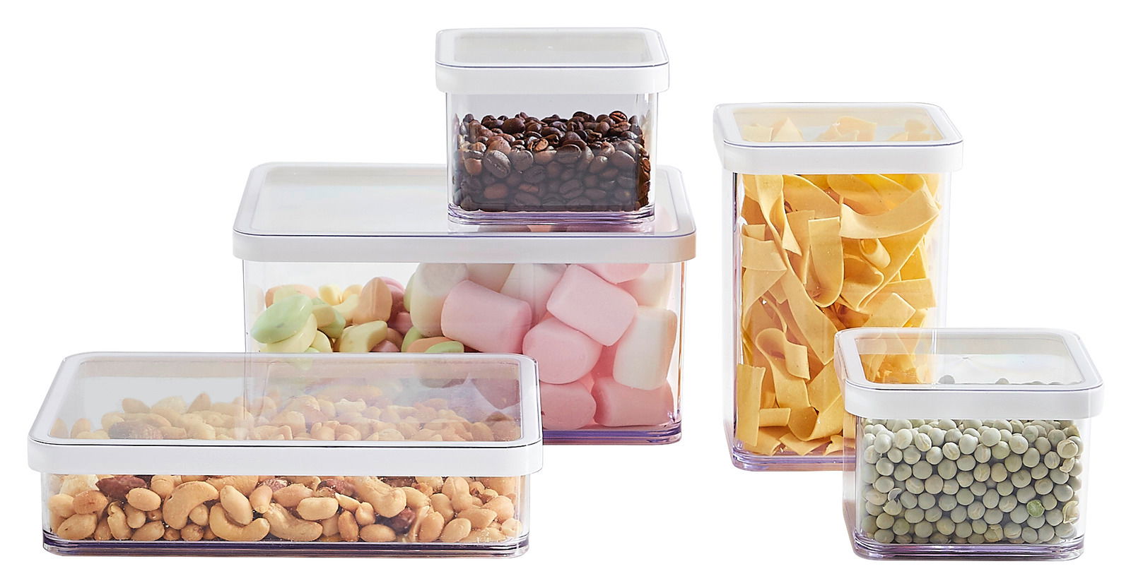 rotho Vorratsdosenset 5-tlg. LOFT Fünfteiliges Vorratsdosenset Loft, gefüllt mit verschiedenen Lebensmitteln, aus seitlicher Perspektive fotografiert.