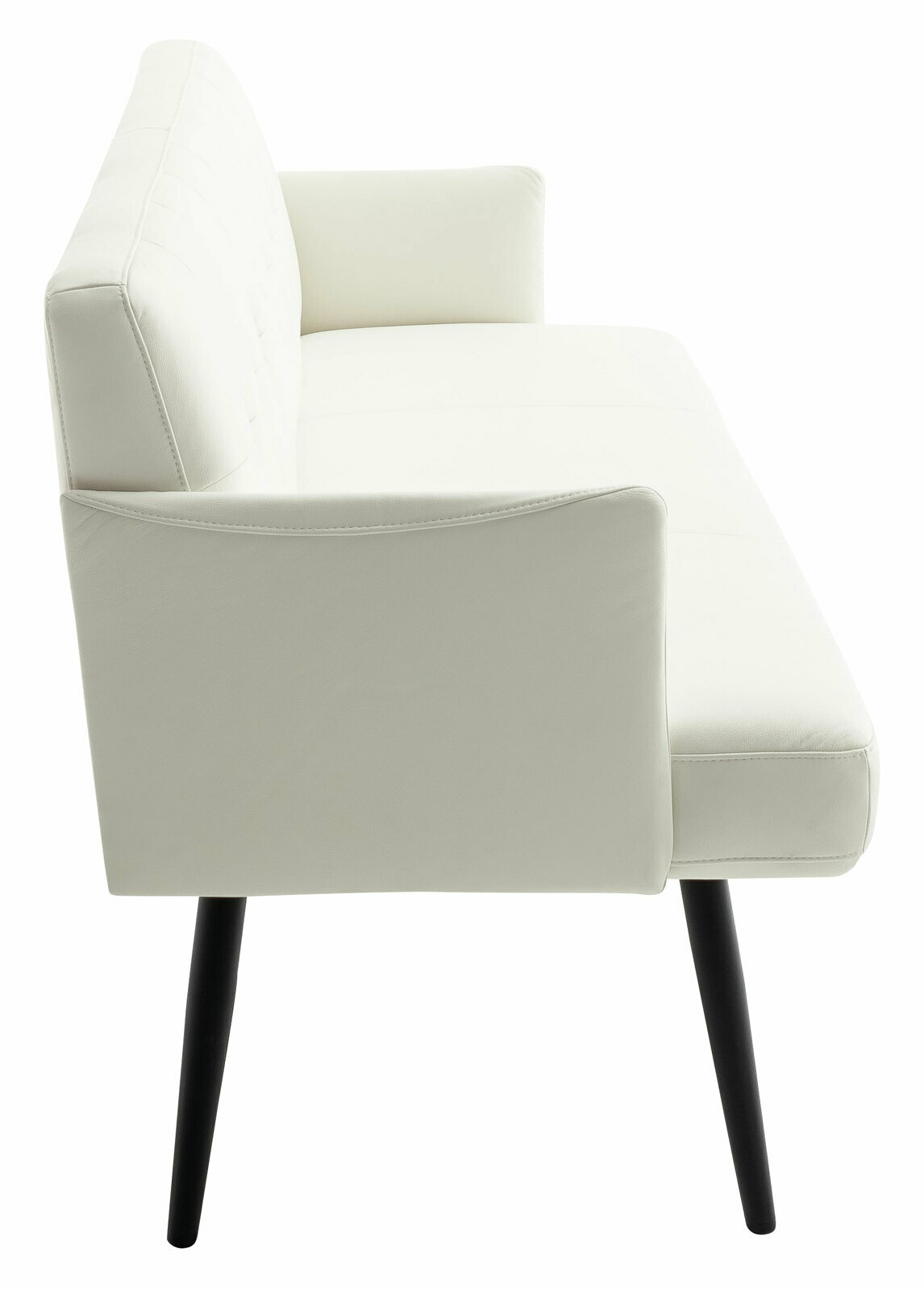 Seitenansicht eines modernen, weißen Sofas mit schwarzen Beinen.