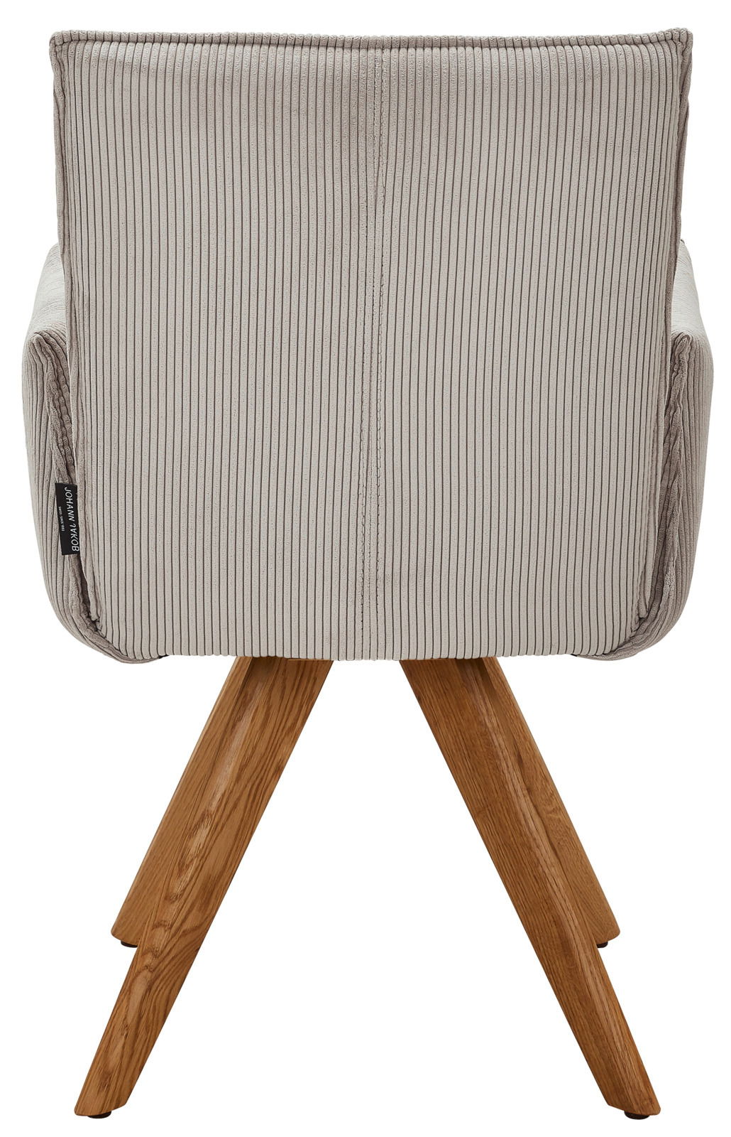 Johann Jakob Armlehnstuhl CALAS Rückansicht eines Armlehnstuhls mit gestreiftem Stoffbezug und Holzbeinen.