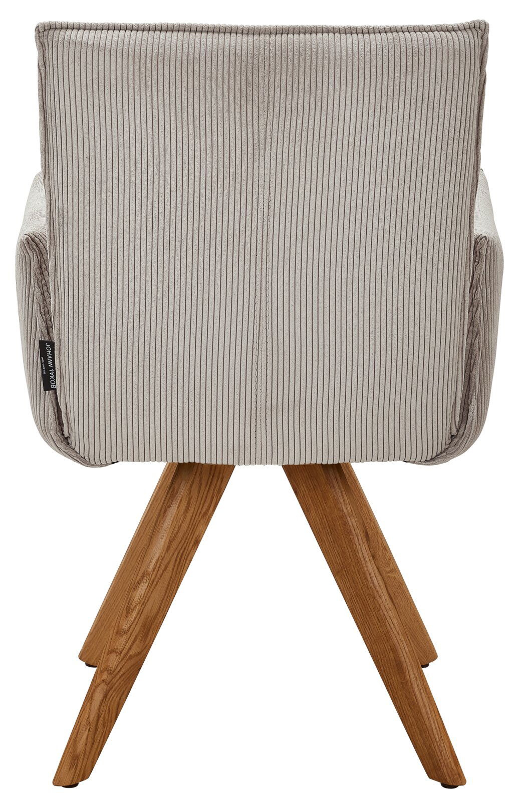 Rückansicht eines Armlehnstuhls mit gestreiftem Stoffbezug und Holzbeinen.