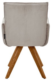 Rückansicht eines Armlehnstuhls mit gestreiftem Stoffbezug und Holzbeinen.