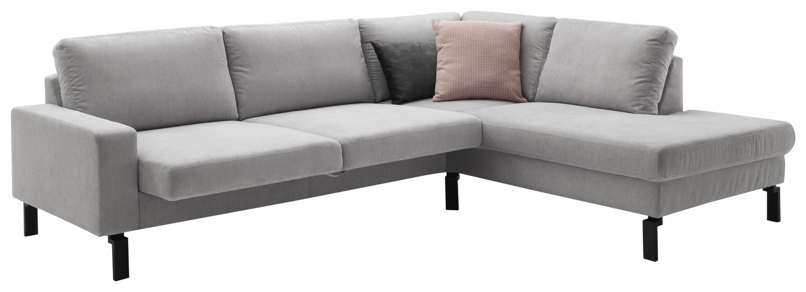 Pure Home Lifestyle Ecksofa PURE SYSTEM BASIC Graue Eckgarnitur mit schwarzen Beinen, zwei Kissen in verschiedenen Farben, seitliche Perspektive