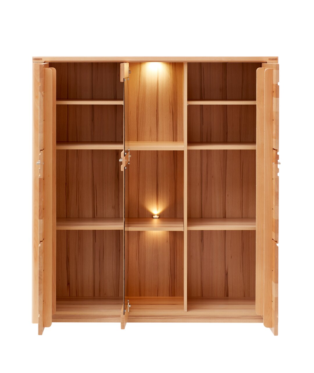 Frontale Ansicht eines Highboards aus Holz mit offenen Türen und integrierter Beleuchtung.