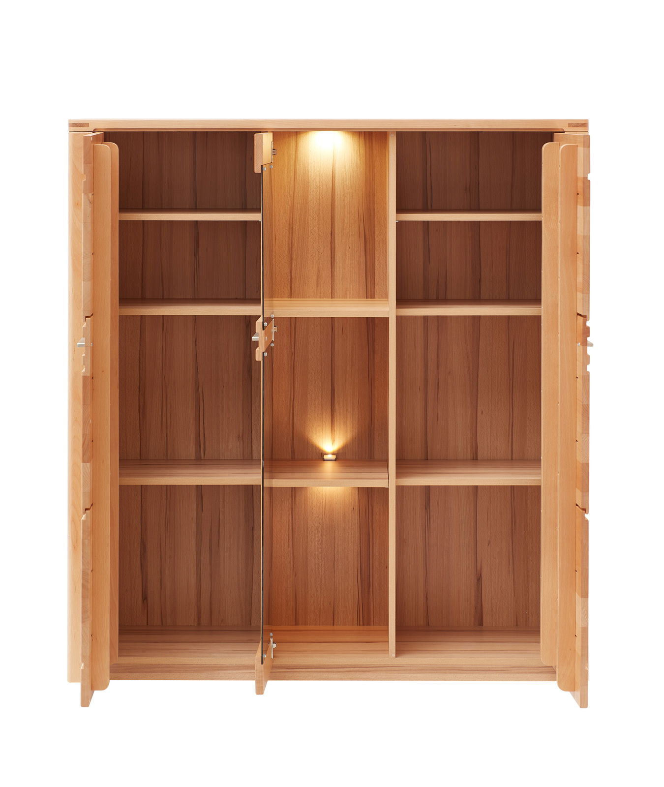 Frontale Ansicht eines Highboards aus Holz mit offenen Türen und integrierter Beleuchtung.