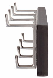 Seitliche Ansicht einer Garderobenleiste mit mehreren Haken aus Metall.