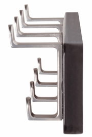 Seitliche Ansicht einer Garderobenleiste mit mehreren Haken aus Metall.