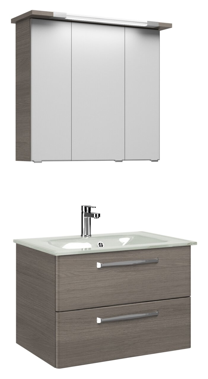 Pelipal Badblock TRENTINO Moderner Badblock mit Spiegelschrank und Waschbeckenunterschrank in Holzoptik, Frontalansicht