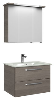 Moderner Badblock mit Spiegelschrank und Waschbeckenunterschrank in Holzoptik, Frontalansicht