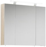 Moderner Spiegelschrank mit drei Türen und integrierter Beleuchtung, seitliche Holzoptik, Frontalansicht