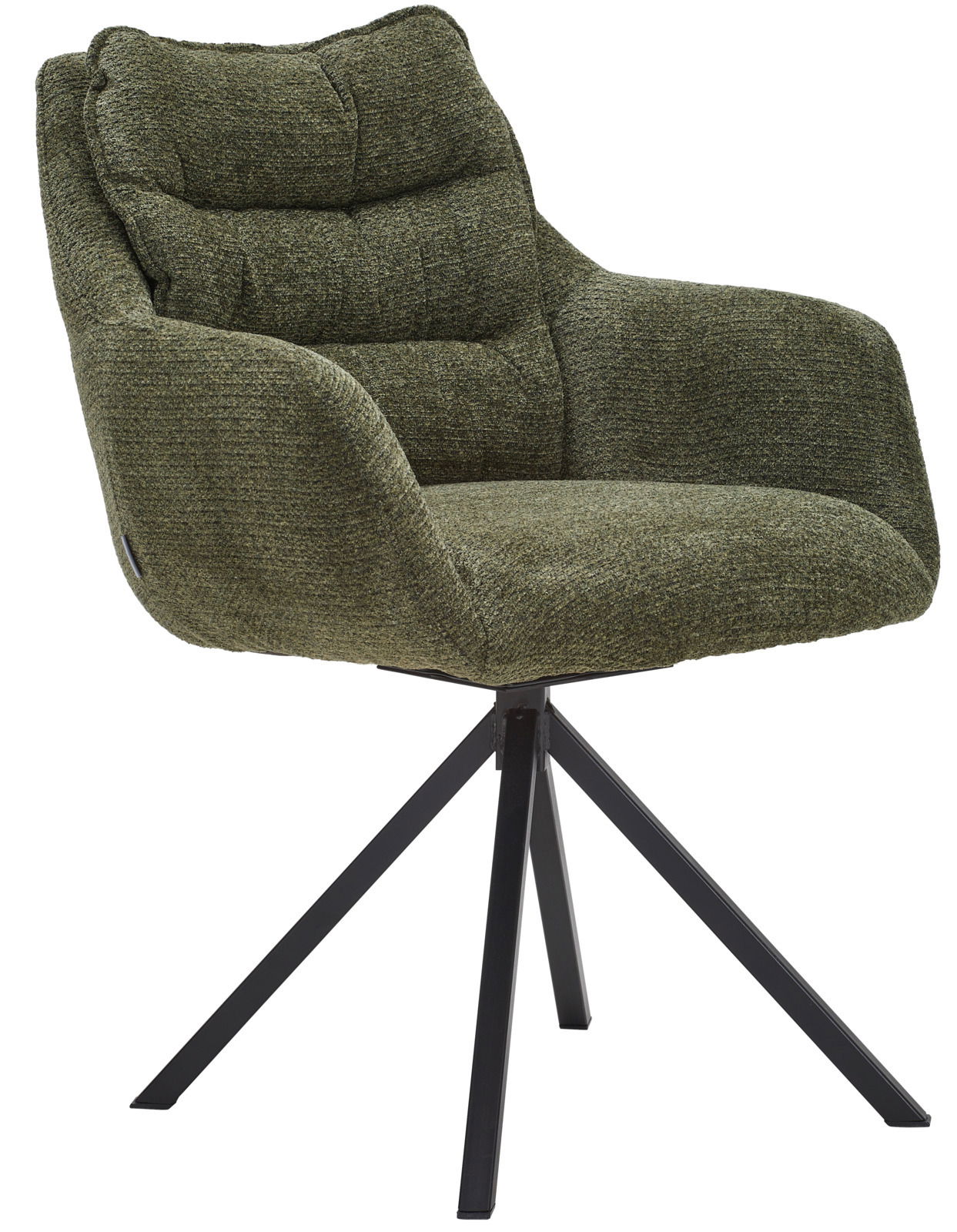 Grüner Armlehnstuhl mit gepolsterter Sitzfläche und Rückenlehne, auf schwarzem Metallgestell, seitliche Perspektive