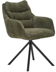 Grüner Armlehnstuhl mit gepolsterter Sitzfläche und Rückenlehne, auf schwarzem Metallgestell, seitliche Perspektive