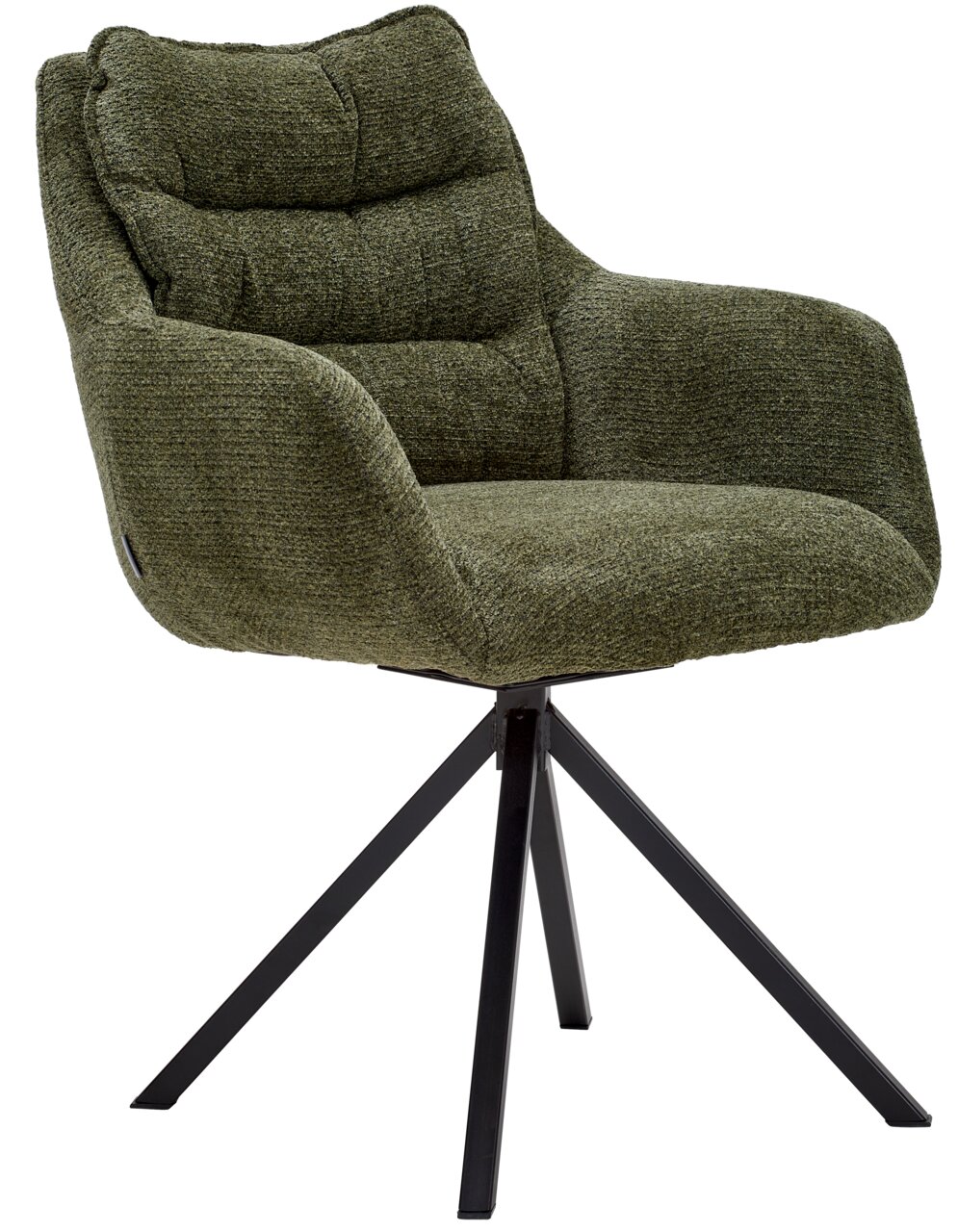 Grüner Armlehnstuhl mit gepolsterter Sitzfläche und Rückenlehne, auf schwarzem Metallgestell, seitliche Perspektive