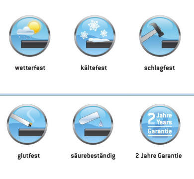 Sieger Klapptisch 120x80 Eisengrau VIVODUR BOULEVARD Symbole für einen Klapptisch 120x80 in Eisengrau, der wetterfest, kältefest, schlagfest, glutfest, säurebeständig ist und eine 2 Jahre Garantie hat. Ansicht von oben.