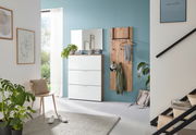 Moderner Eingangsbereich mit Garderobenpaneel und Schuhschrank in hellem Holz und Weiß, seitliche Perspektive