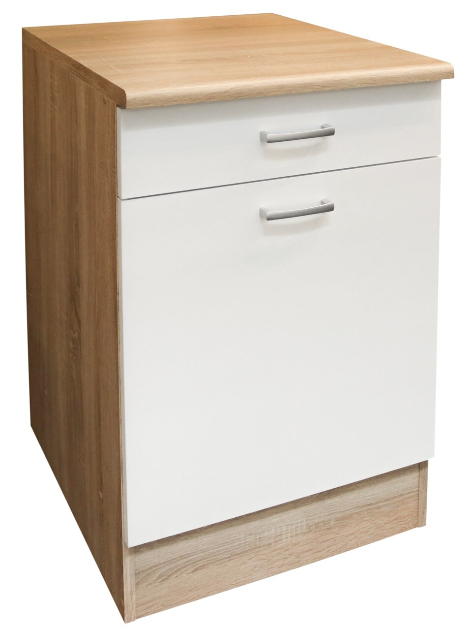 Yourkitchen Unterschrank ANDY Küchenunterschrank mit Holzoptik und weißer Front, seitliche Perspektive