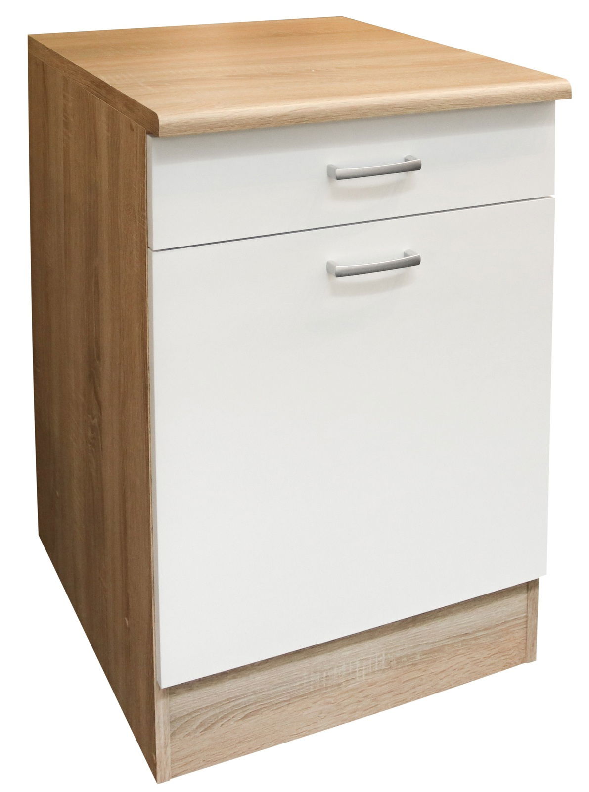 Küchenunterschrank mit Holzoptik und weißer Front, seitliche Perspektive