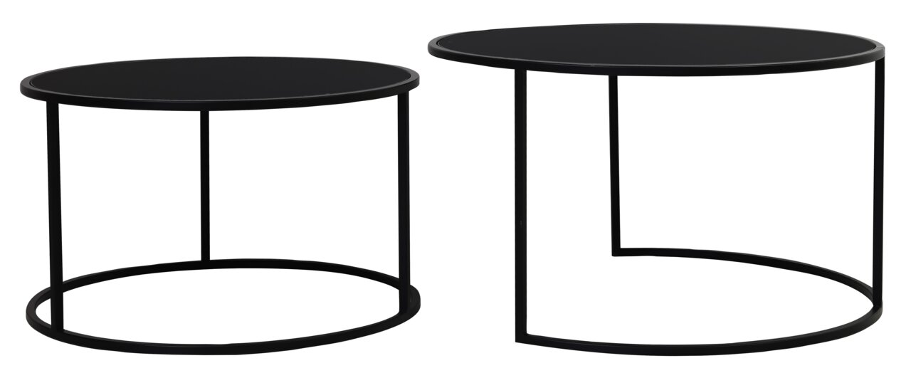 Zwei runde, schwarze Couchtische in unterschiedlicher Höhe, aus seitlicher Perspektive fotografiert.