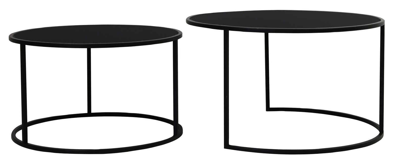 Zwei runde, schwarze Couchtische in unterschiedlicher Höhe, aus seitlicher Perspektive fotografiert.