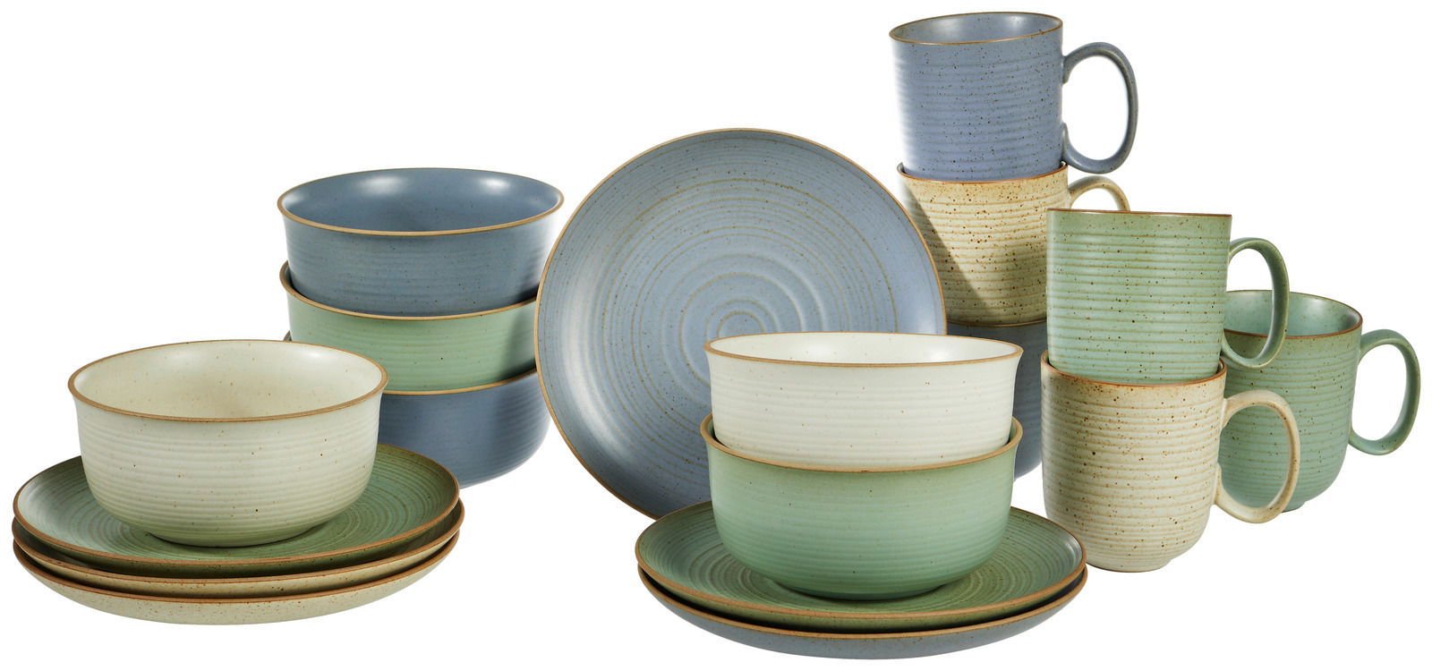 Kaffeeset Nature 18-tlg. in verschiedenen Grüntönen und Blau, bestehend aus Tassen, Schalen und Tellern, aus einer leicht erhöhten Perspektive fotografiert.